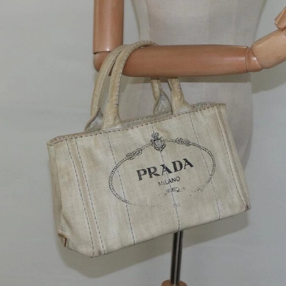 PRADA Canapa PM Hand Bag Canvas Gray Gold Auth bs23956 - Picture 14 of 16